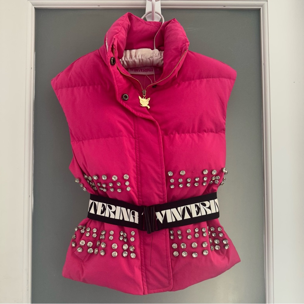 Winterina Pink Studded Puffer Vest with Belt